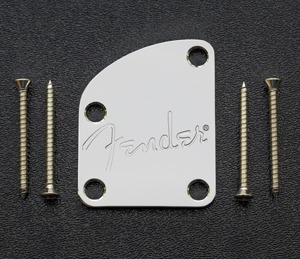 770-8383-049 Fender Deluxe Strat/Tele Chrome Neck Plate, Spaghetti Fender Logo