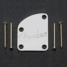 770-8383-049 - Fender Deluxe Strat 'Fender' Spaghetti Logo Chrome Neck Plate 770-8383-049 Fender Deluxe Strat/Tele Chrome Neck Plate, Spaghetti Fender Logo